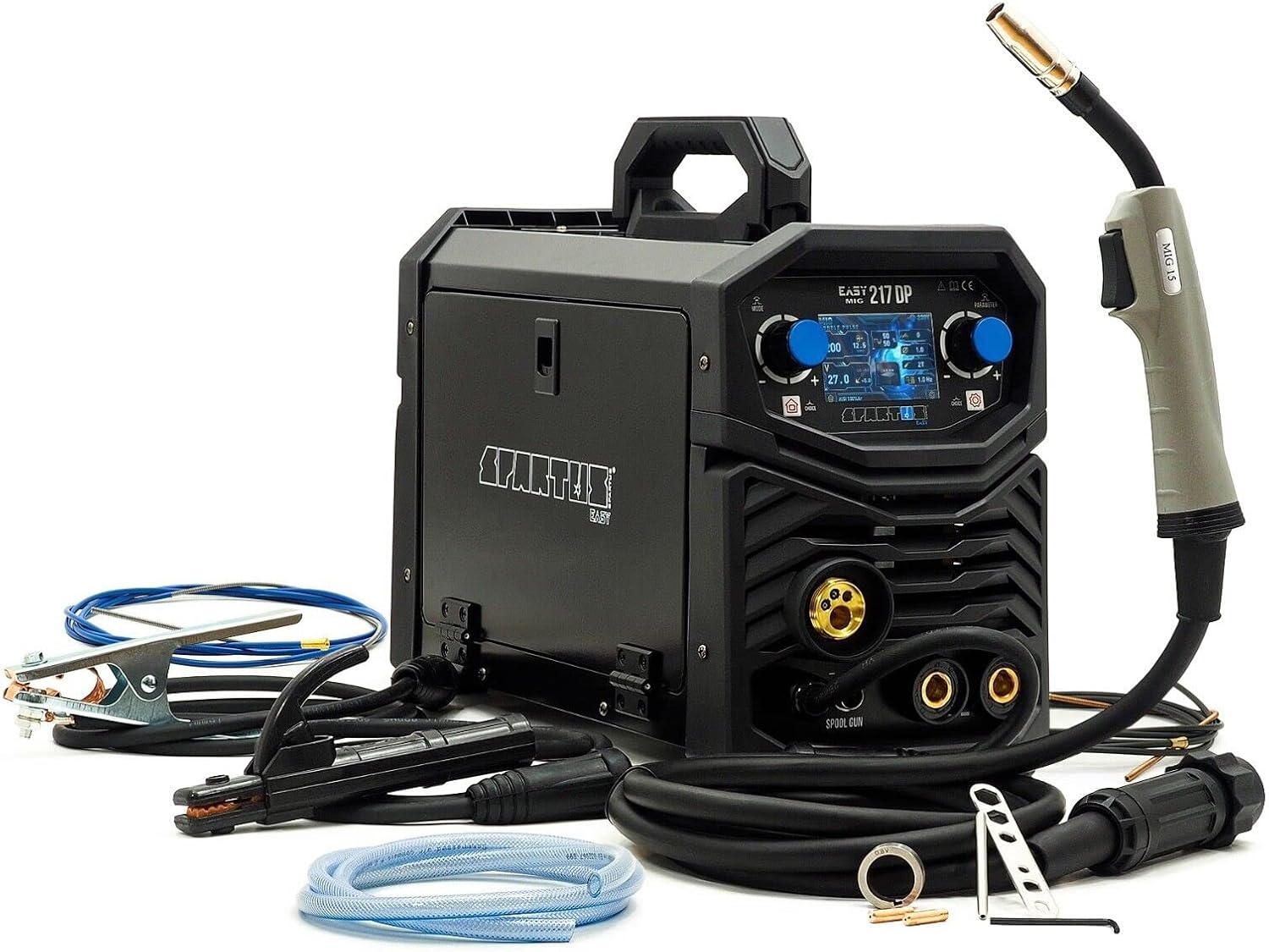 SPARTUS EasyMIG 217 LCD MIG/MAG Soldadora TIG 200 Amp LCD Doble Pulso Sinergia 3 en 1...